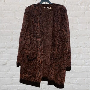 Soft Surroundings Brown Animal Print Black Cozy Fuzzy Cardigan Sweater Womens M